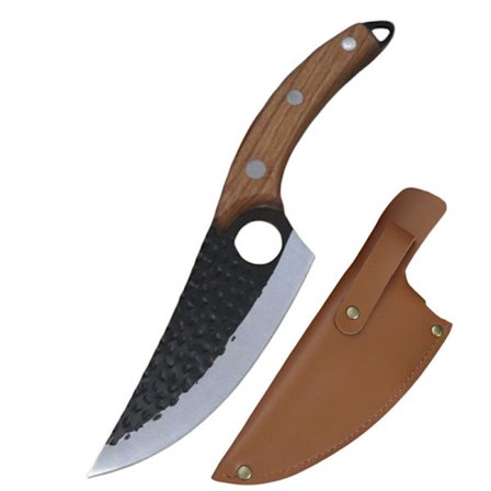 Kokkekniv med fuld tang og træskaft, ergonomisk håndtag med læderskede, bærbar campingkniv håndlavet smedet køkkenkniv højt kulstof rustfrit stål