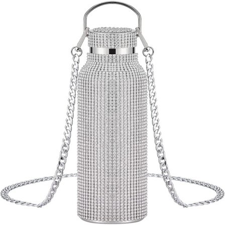 Funklende Diamant Vandflaske, Isoleret Rhinestone Rustfrit Stål, Diamant Termokande Med Kæde