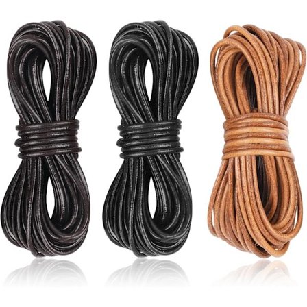 3 ruller 5m x 2mm lærsnorer, rund lærsnor av kuskinn for smykkelaging, svart, mørkebrun, naturlig brun lærsnor for halskjede