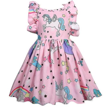 Barn Flickor Casual Unicorn Festklänning Sommar Ruffle Sleeve Swing Klänningar Pink