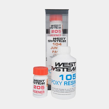 Pacchetto epossidico con indurente rapido West System 104 Junior Pack, 105 Epoxy Resin + 205 Fast Hardener, 600 grammi (500 grammi base + 100 grammi 