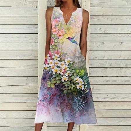 Ärmlös Print För Kvinnor, Lång Klänning Med Blommönster