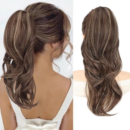 Hårhästsvansförlängningar, 16 tum långa spetsade vågiga clip-in hästsvansförlängningar Blond & Mellanbrun Lagrad Syntetisk Hårsvans för Kvinnor