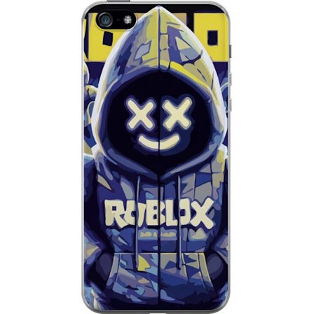 Kompatibelt Mobildeksel til Apple Apple iPhone 5 Blågul Roblox hettegenserfigur med minimalistisk neonstil og masket ansikt, moderne spillillustrasjo