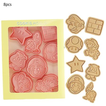 8 kpl / set Super Mario Bros sarjakuva keksileikkurit molds kohokuvioidut keksileimat Leikkaavat muotit kakkulapsille syntymäpäiväjuhlien koristeluun