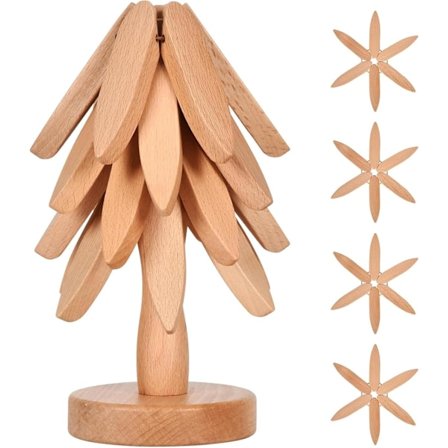 Träformade Underläggssats, 4 Träunderlägg + 1 Stativ Förvaras Som Ett Julgran, Bokträunderlägg För Varma Grytor, Pannor, Skålar, Tekanna, Bok