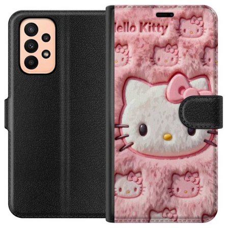 Kompatibelt Lommeboketui til Samsung Galaxy A23 Hello Kitty rosa fluffy bakgrunn med ikoniskt ansikt og kawaii-estetikk