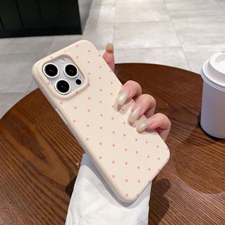 Etui til iPhone 15PRO Hvide pink prikker læder ripple prikker blødt klassisk