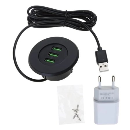 3-Port USB Skrivebordslader Skrivebordsladestasjon Monteres i 2.0 "/50mm Gjennomgående Hull med Adapter og 1.5m Strømkabel Svart