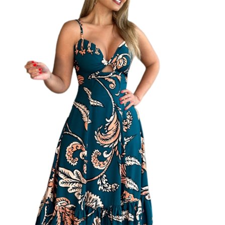 Blommigt Spaghetti-band Sundress V-hals Klänning (Blå 3XL)