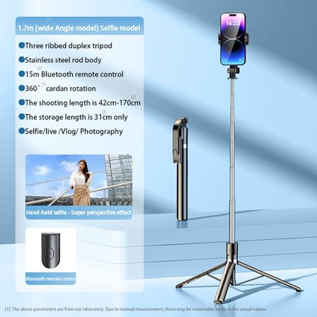 RY-Kolmitoiminen ruostumattomasta teräksestä valmistettu matkapuhelimen jalusta ja selfie-tikku säädettävällä langattomalla kaukosäätimellä, 