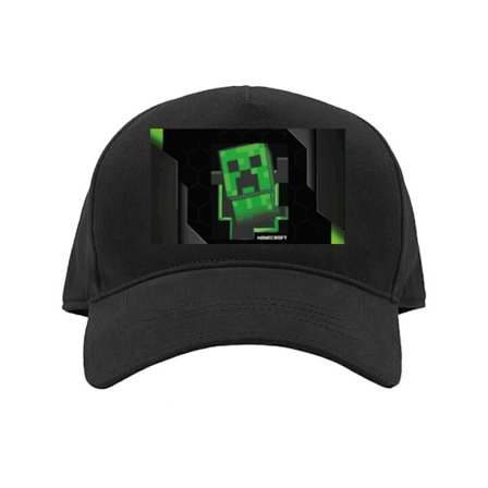 Kasket Minimalistisk grøn Creeper-figur i pixeldesign med futuristisk techbaggrund og geometriske former.