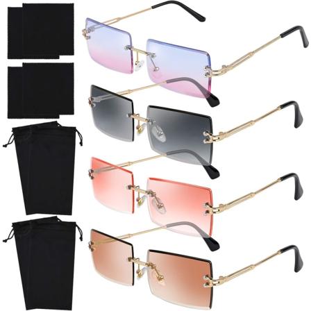 4 stk. rammeløse rektangulære solbriller vintage gjennomsiktig for menn og kvinner