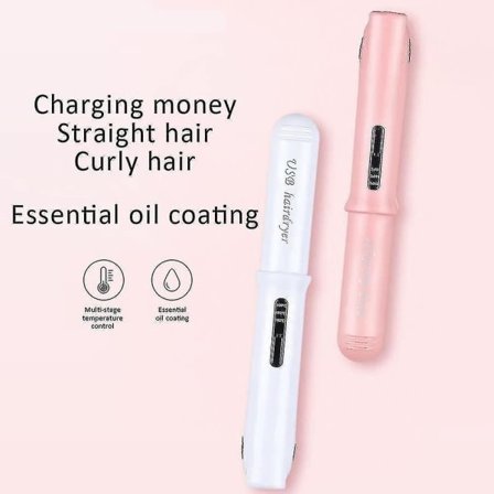 Mini reise trådløs krøll- og rettetang, 160-200 justerbar temperatur, LED-display, USB oppladbar turmalin keramisk (rosa)-