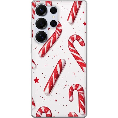 Yhteensopiva Puhelinkuori Samsung Galaxy S25 Ultra Jouluinen pallokuoseilla varustettu kuvio punaisilla ja valkoisilla piparminttutankoilla, tähdillä