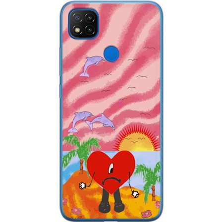 Kompatibel Mobilcover til Xiaomi Redmi 9C Bad Bunny i en farverig quiltet jakke med hjertemønster og solbriller i moderne gade stil