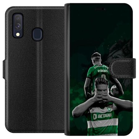 Yhteensopiva Lompakkokotelo Samsung Galaxy A40 Neonmotiivi, jossa teksti "Gaming is in my DNA" sinisenä ja punaisena tiiliseinällä, jossa loistava DNA