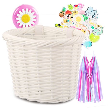 Barncykelkorg för flickor, cykeltillbehör fram, liten flätad korg av rotting, cykelkorg med styrstångsbanderoller, cykelklocka, cykel för flickor, 