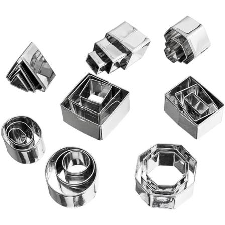 Mini geometriske formede småkage- og kiksudskæringsæt 24 firkantede hjertetrekantede runde cirkler bagning rustfrit stål metalforme