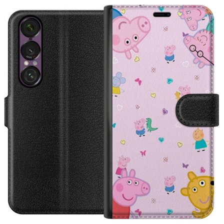 Kompatibelt Lommeboketui til Sony Xperia 1 VII Peppa Gris med en baby i armene, mamma gris motiv i fargerik og myk barneillustrasjon med hjerter