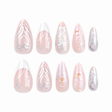 Mandel Press-on Naglar Medium Falska Naglar Vita Franska Spetsar Limma på Naglar 3D Textur Vattenvåg Akrylnaglar Söt Boll Sliver,FNn04sliver