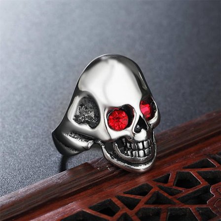 Ring with skeleton skull punk rock skull red eyes stones