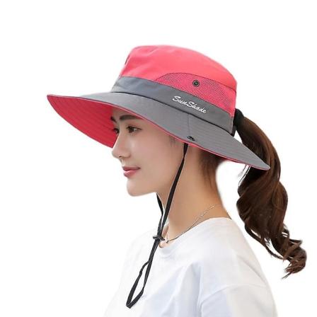 Hestehale kvinders sommersolbøttehat UV-beskyttelse Safari Vandring Bred skygge Strand Foldbar mesh fiskehat (vandmelonrød + - Perfet)