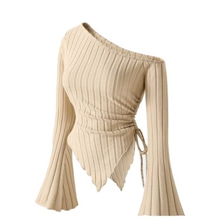 Langærmet damebluse med bare skuldre og asymmetrisk top