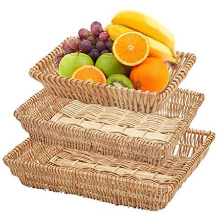Sett med 3 rektangulære vevde fruktkurver, kurver av rotting, serveringsbrett, oppbevaringskurver av rotting, til snacks, frukt osv.