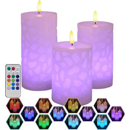 3-pakning LED Flammeløse Lys, Fargeskiftende Søylelys i Ekte Voks med Fjernkontroll og 3D-veke_OF