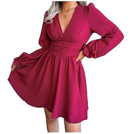 Dam V-ringad Klänning Vinter Höst Elegant Fest Långärmad Sexig Klänning (L Vinröd)