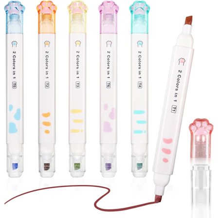 6 stk. Katteklør Markeringspenner, Søtt Markeringspennsett i Pastell 12 Farger Dobbeltsidige Markeringspenner Søt Tegneserie