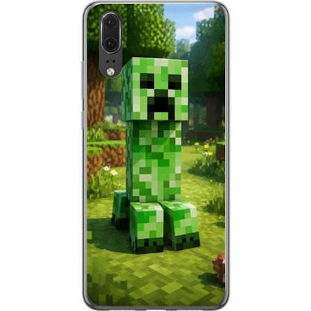 Kompatibelt Mobilskal till Huawei P20 Block-baserad Creeper-figur i en grön pixell värld, ikonisk spelillustration för barnrum, gamers och mobilska
