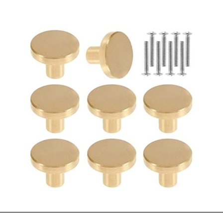 Sarja 8 ovennuppia, kiinteää messinkiä, pyöreitä kaapinnuppia, vintage-huonekaluja