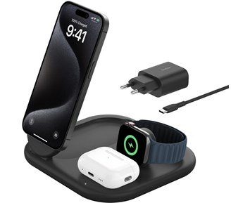 Belkin-3-in-1 MagSafe Compatible Qi2 Wireless Stand/Pad, black-3-i-1 trådløs lader med Qi2 for Apple-enhetene dine-Power-Mobilladere