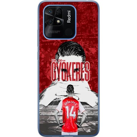 Kompatibel Mobilcover til Xiaomi Redmi 10C Rød dramatisk kollagebillede med portræt af Viktor Gyökeres og spillere set bagfra på arenaen