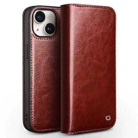 QIALINO Kompatibel med Kompatibel med Kompatibel med iPhone 15 Äkta Läder Flip Plånboksfodral Ställ Fallsäkert Mobilskal med Kohudstextur