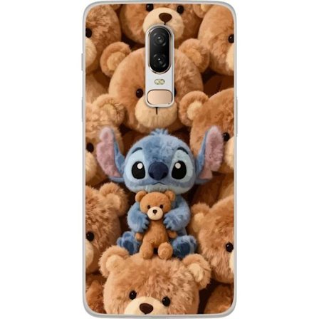Kompatibelt Mobildeksel til OnePlus 6 Stitch omgitt av brune teddybjørner med en liten teddybjørn i fanget i en søt og koselig kawaii-design