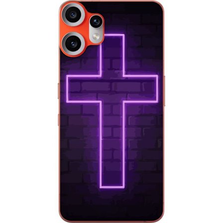 Yhteensopiva Puhelinkuori Nothing Nothing CMF Phone 2 Pro Neonristi purppuranvalossa tummaa tiiliseinää vasten, symbolinen motiivi vahvalla hohto mo