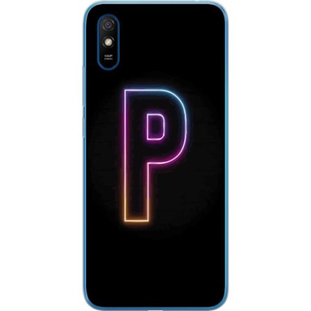 Kompatibel Mobilcover til Xiaomi Xiaomi Redmi 9A Minimalistisk neonbogstav P i farvegradient og lyseffekt mod sort baggrund i digital neonstil