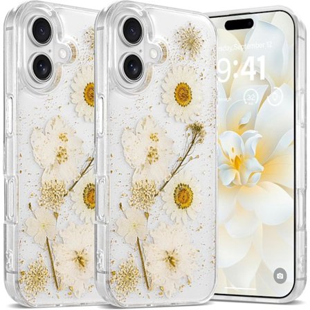(Daisy) Blomsteretui til iPhone 16 Klar Etui med Ægte Tørrede Blomstermønstre, Glitter Søde Blomster Design til Kvinder Piger