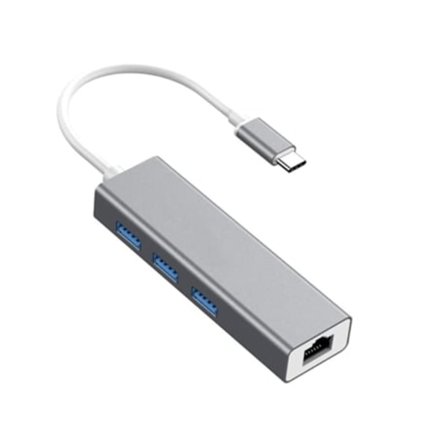 USB-C till Ethernet adapter splitter, Type-C till RJ45 Gigabit nätverksomvandlare, hubb med 3 USB 3.0-portar, grå.