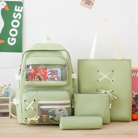 Skoletaske til studerende, skolepige rygsæk, ny firedelt rygsæk, letvægts, stor kapacitet - grøn