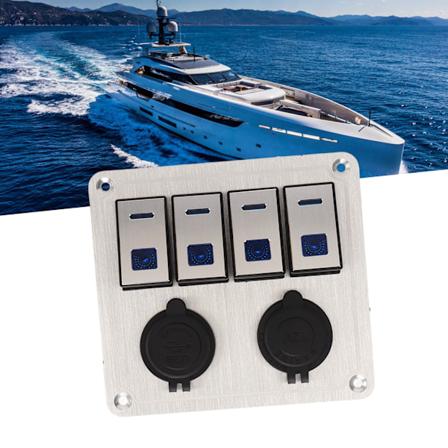 4-gang aluminiumsbryterpanel med sølvfarget oksid, ON/OFF, forhåndskoblet, dobbel blå LED-bryterpanel for bil, båt, bobil