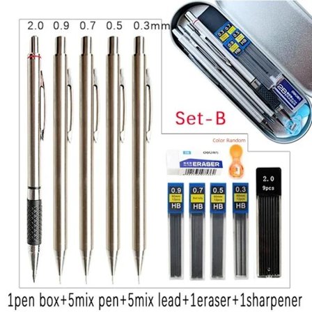 Mekaniskt pennset i metall med pennfodral, stift, suddgummi, pennvässare, set 0.3 0.5 0.7 0.9 1.3 2.0mm konstskiss automatisk penna