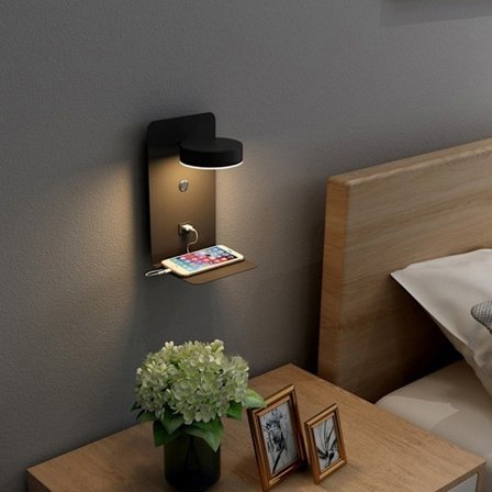 Innendørs LED Vegglampe med USB-port, 12W Trefarget Dimbar Moderne Vegglampe med Bryter, Veggleselampe, 330° Roterbar Sengelampe_MGF