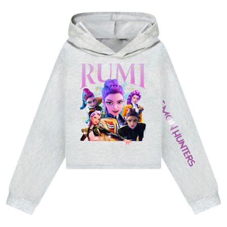 KPOP DEMON HUNTER Jenter Mellomhøy Midje Kort Sweatshirt Enkel og Dobbel Erme Trykt Casual Dress Grå X 140cm 140cm_ma