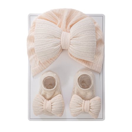 Gränsöverskridande baby halogen skydd dörr huvudduk hatt, nyfödd bomullsfylld stor rosett stickad hatt, ren bomullsstrumpset