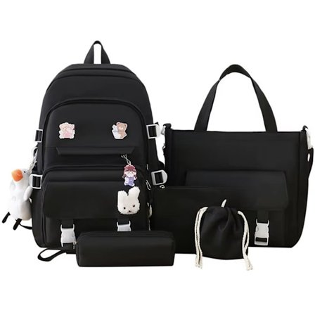 Skolesekksett 5-i-1, Ryggsekk, Sekk, Veske, Skulderveske, Gymbag, Tenåringsveske - Svart