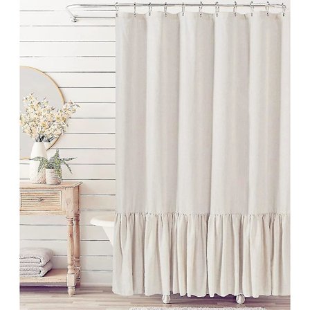 Bondgårdsduschdraperi med volangfåll, duschdraperi i linneblandning för badrum, naturlig, 183x183 cm